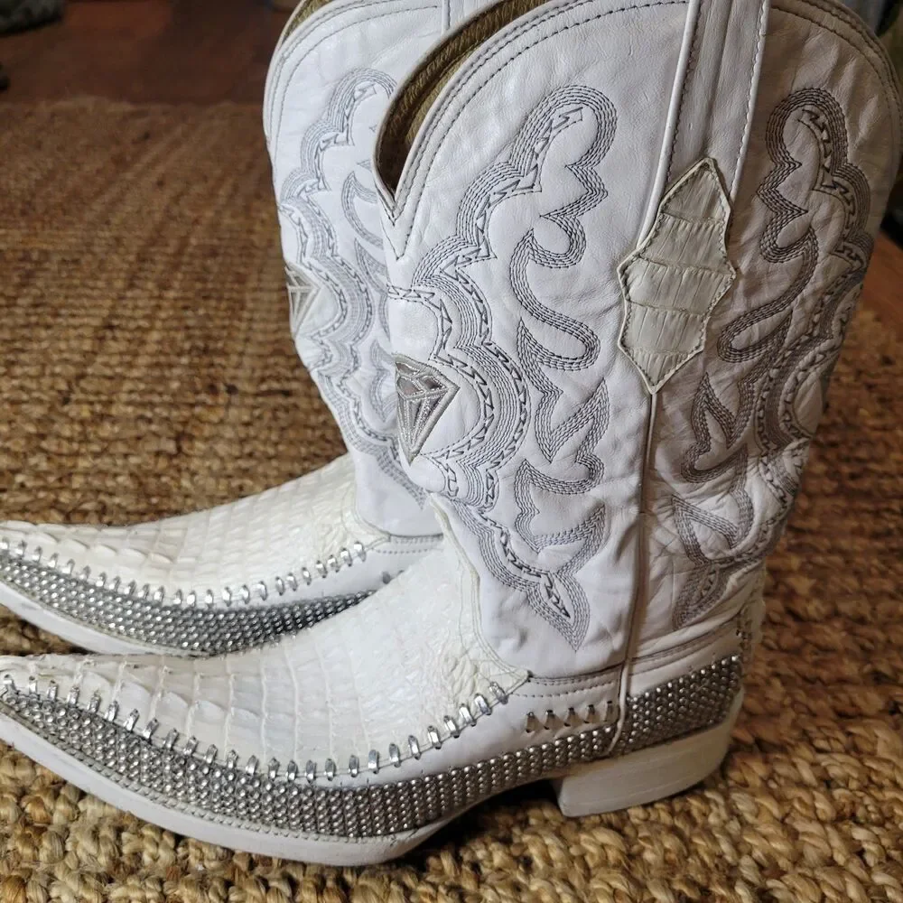 White Diamonds Crocodile Skin Leather Western Cowboy Boots White Bling 8.5 Men's
